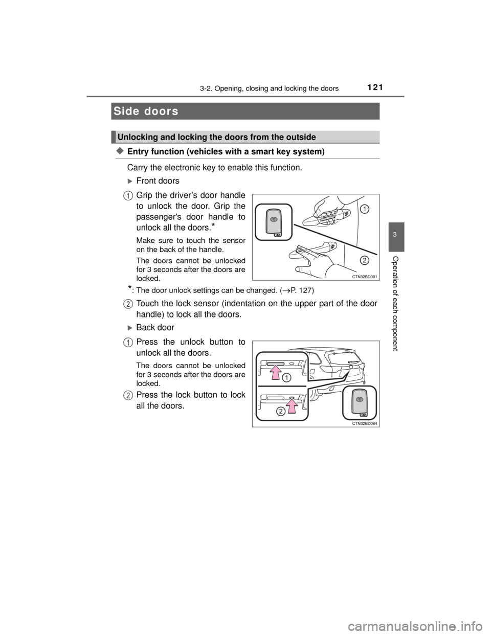 TOYOTA HIGHLANDER 2014 XU50 / 3.G Owners Manual 121
3
Operation of each component
HIGHLANDER_U (OM48A12U)
3-2. Opening, closing and locking the doors
◆Entry function (vehicles with a smart key system)
Carry the electronic key to enable this funct TOYOTA HIGHLANDER 2014 XU50 / 3.G Owners Manual 121
3
Operation of each component
HIGHLANDER_U (OM48A12U)
3-2. Opening, closing and locking the doors
◆Entry function (vehicles with a smart key system)
Carry the electronic key to enable this funct