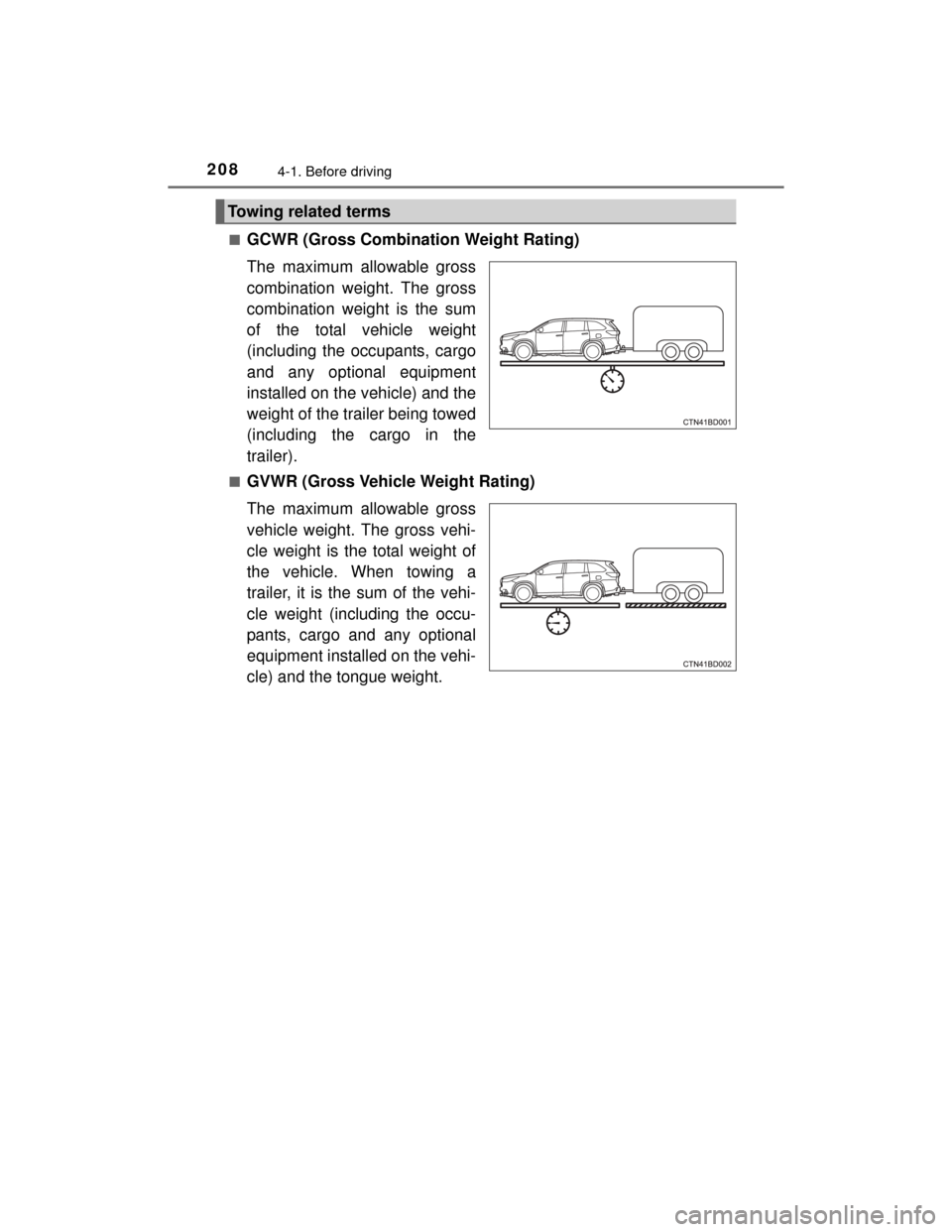 TOYOTA HIGHLANDER 2014 XU50 / 3.G Owners Manual 2084-1. Before driving
HIGHLANDER_U (OM48A12U)■
GCWR (Gross Combination Weight Rating)
The maximum allowable gross
combination weight. The gross
combination weight is the sum
of the total vehicle we