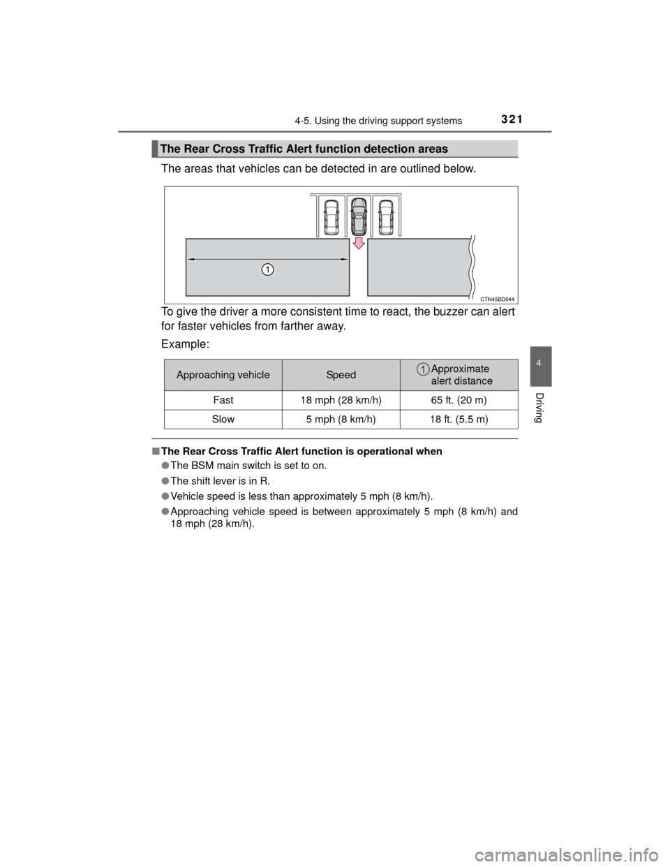 TOYOTA HIGHLANDER 2014 XU50 / 3.G Owners Manual 3214-5. Using the driving support systems
4
Driving
HIGHLANDER_U (OM48A12U)
The areas that vehicles can be detected in are outlined below.
To give the driver a more consistent time to react, the buzze TOYOTA HIGHLANDER 2014 XU50 / 3.G Owners Manual 3214-5. Using the driving support systems
4
Driving
HIGHLANDER_U (OM48A12U)
The areas that vehicles can be detected in are outlined below.
To give the driver a more consistent time to react, the buzze