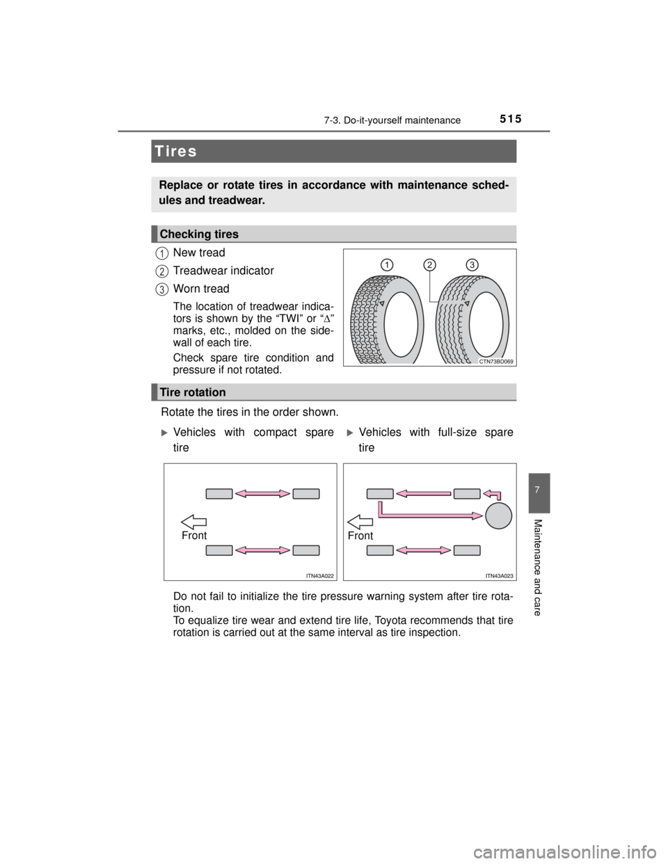 TOYOTA HIGHLANDER 2014 XU50 / 3.G Owners Manual 5157-3. Do-it-yourself maintenance
7
Maintenance and care
HIGHLANDER_U (OM48A12U)
New tread
Treadwear indicator
Worn tread
The location of treadwear indica-
tors is shown by the “TWI” or “”