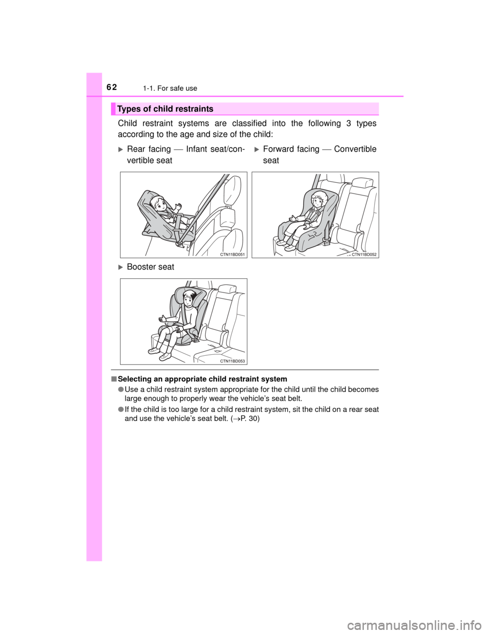 TOYOTA HIGHLANDER 2014 XU50 / 3.G Repair Manual 621-1. For safe use
HIGHLANDER_U (OM48A12U)
Child restraint systems are classified into the following 3 types
according to the age and size of the child:
■Selecting an appropriate child restraint sy TOYOTA HIGHLANDER 2014 XU50 / 3.G Repair Manual 621-1. For safe use
HIGHLANDER_U (OM48A12U)
Child restraint systems are classified into the following 3 types
according to the age and size of the child:
■Selecting an appropriate child restraint sy