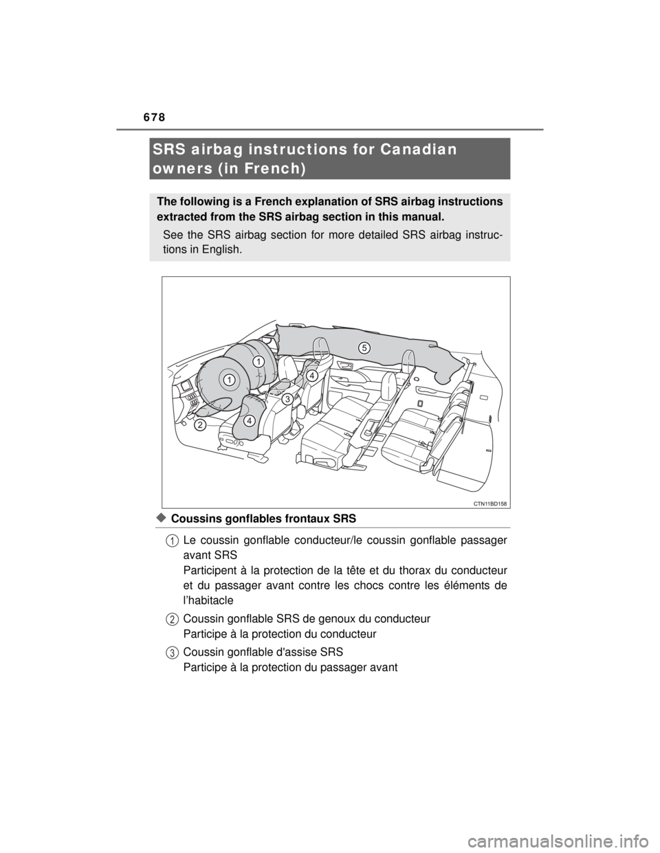 TOYOTA HIGHLANDER 2014 XU50 / 3.G Owners Manual 678
HIGHLANDER_U (OM48A12U)
◆Coussins gonflables frontaux SRSLe coussin gonflable conducteur/le coussin gonflable passager
avant SRS
Participent à la protection de la tête et du thorax du conducte TOYOTA HIGHLANDER 2014 XU50 / 3.G Owners Manual 678
HIGHLANDER_U (OM48A12U)
◆Coussins gonflables frontaux SRSLe coussin gonflable conducteur/le coussin gonflable passager
avant SRS
Participent à la protection de la tête et du thorax du conducte