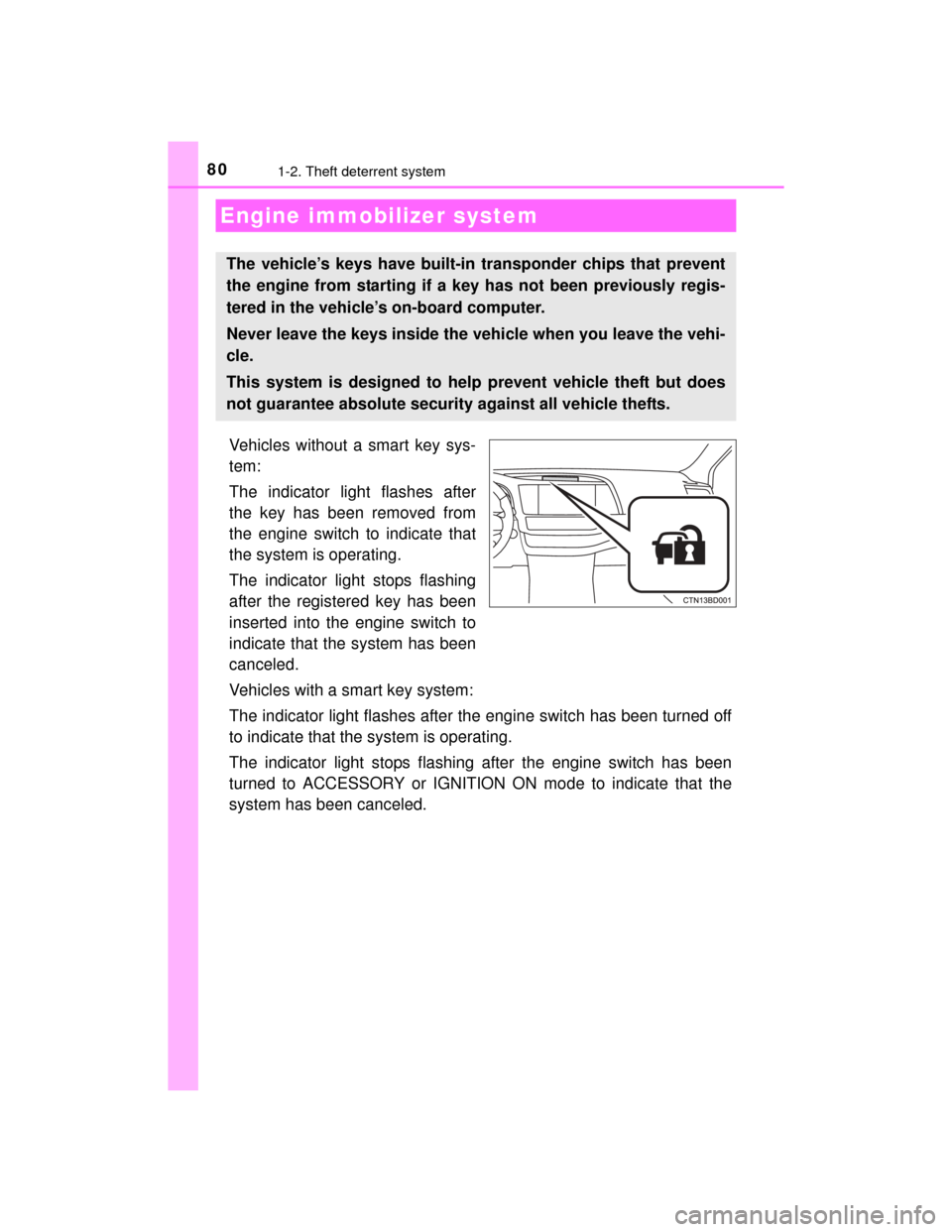 TOYOTA HIGHLANDER 2014 XU50 / 3.G Manual PDF 80
HIGHLANDER_U (OM48A12U)
1-2. Theft deterrent system
Vehicles without a smart key sys-
tem:
The indicator light flashes after
the key has been removed from
the engine switch to indicate that
the sys TOYOTA HIGHLANDER 2014 XU50 / 3.G Manual PDF 80
HIGHLANDER_U (OM48A12U)
1-2. Theft deterrent system
Vehicles without a smart key sys-
tem:
The indicator light flashes after
the key has been removed from
the engine switch to indicate that
the sys