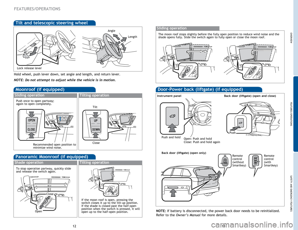 TOYOTA HIGHLANDER 2014 XU50 / 3.G Quick Reference Guide OVERVIEW
FEATURES/OPERATIONS
SAFETY AND EMERGENCY FEATURES
1213
FEATURES/OPERATIONS
Hold wheel, push lever down, set angle and length, and return lever.
Angle
Length
Lock release lever
NOTE: Do not at