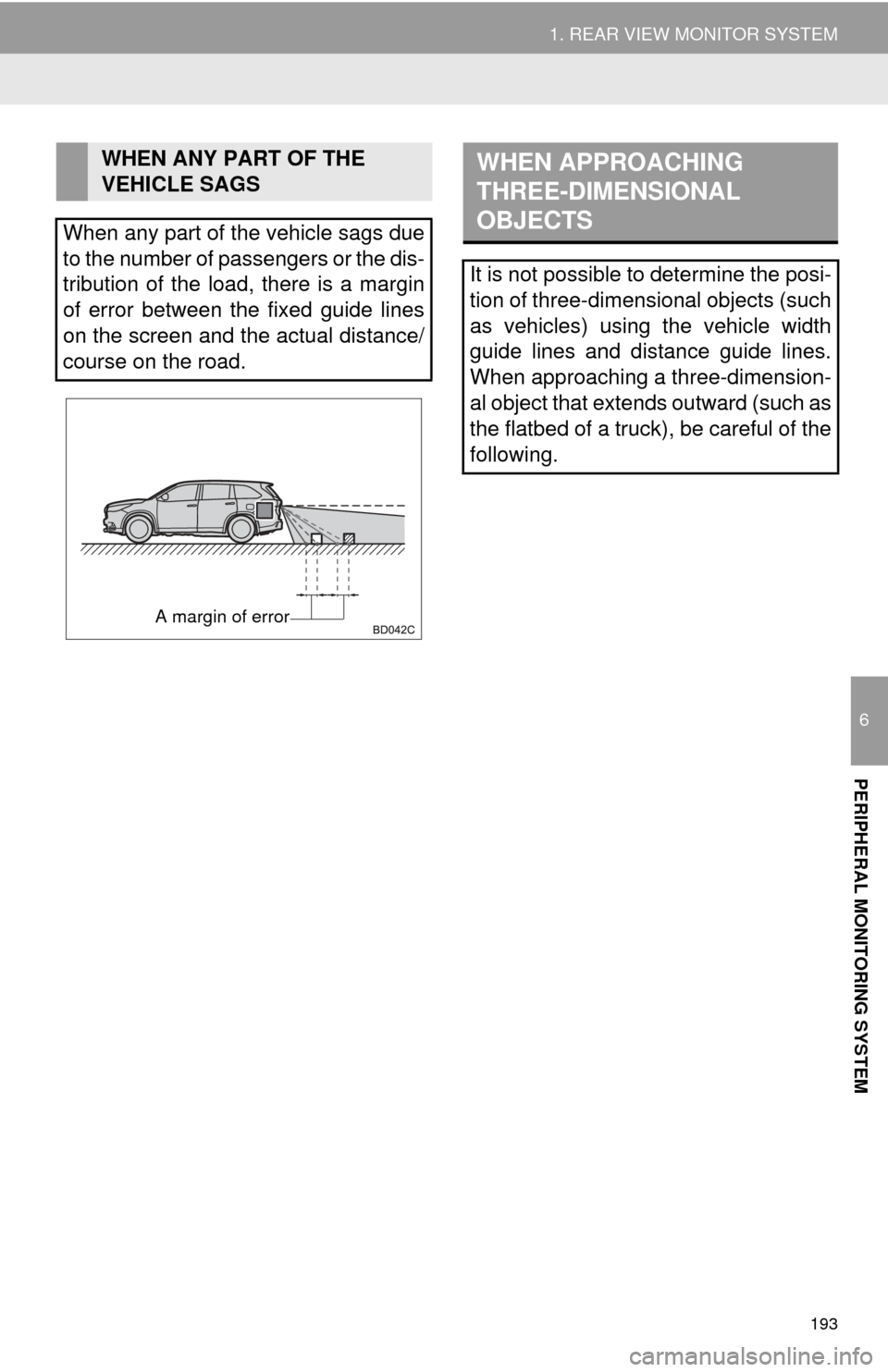 TOYOTA HIGHLANDER 2015 XU50 / 3.G Navigation Manual 193
1. REAR VIEW MONITOR SYSTEM
6
PERIPHERAL MONITORING SYSTEM
WHEN ANY PART OF THE
VEHICLE SAGS
When any part of the vehicle sags due
to the number of passengers or the dis-
tribution of the load, t TOYOTA HIGHLANDER 2015 XU50 / 3.G Navigation Manual 193
1. REAR VIEW MONITOR SYSTEM
6
PERIPHERAL MONITORING SYSTEM
WHEN ANY PART OF THE
VEHICLE SAGS
When any part of the vehicle sags due
to the number of passengers or the dis-
tribution of the load, t