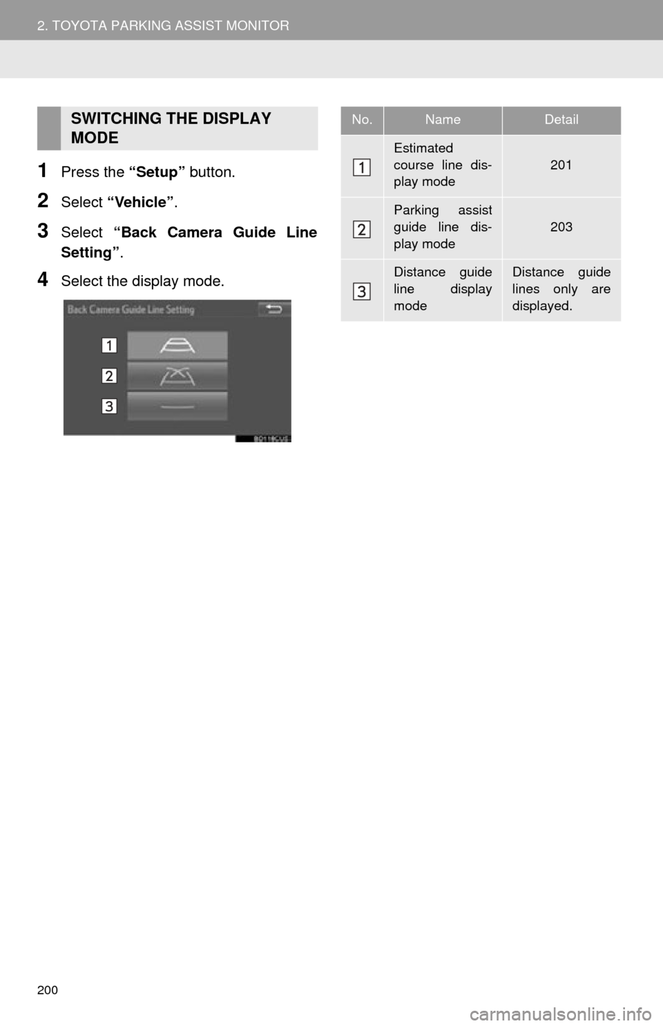 TOYOTA HIGHLANDER 2015 XU50 / 3.G Navigation Manual 200
2. TOYOTA PARKING ASSIST MONITOR
1Press the “Setup” button.
2Select “Vehicle” .
3Select “Back Camera Guide Line
Setting”.
4Select the display mode.
SWITCHING THE DISPLAY 
MODENo.NameDe