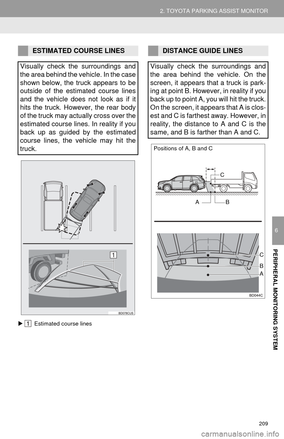 TOYOTA HIGHLANDER 2015 XU50 / 3.G Navigation Manual 209
2. TOYOTA PARKING ASSIST MONITOR
6
PERIPHERAL MONITORING SYSTEM
Estimated course lines
ESTIMATED COURSE LINES
Visually check the surroundings and
the area behind the vehicle. In the case
shown TOYOTA HIGHLANDER 2015 XU50 / 3.G Navigation Manual 209
2. TOYOTA PARKING ASSIST MONITOR
6
PERIPHERAL MONITORING SYSTEM
Estimated course lines
ESTIMATED COURSE LINES
Visually check the surroundings and
the area behind the vehicle. In the case
shown