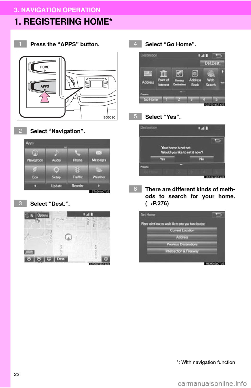 TOYOTA HIGHLANDER 2015 XU50 / 3.G Navigation Manual 22
3. NAVIGATION OPERATION
1. REGISTERING HOME*
Press the “APPS” button.
Select “Navigation”.
Select “Dest.”.Select “Go Home”.
Select “Yes”.
There are different kinds of meth-
ods 