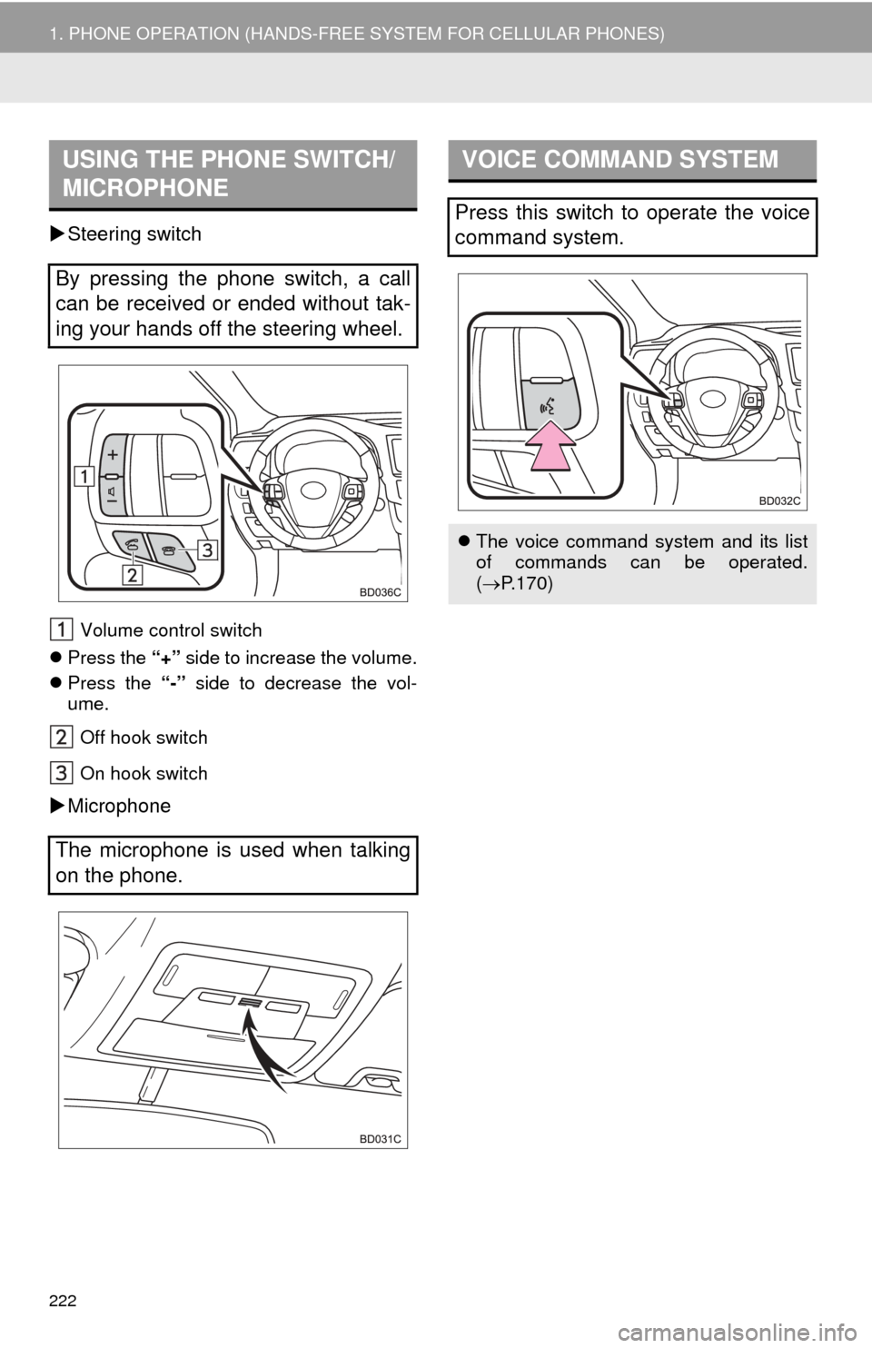 TOYOTA HIGHLANDER 2015 XU50 / 3.G Navigation Manual 222
1. PHONE OPERATION (HANDS-FREE SYSTEM FOR CELLULAR PHONES)
Steering switch
Volume control switch
Press the “+” side to increase the volume.
Press the “-” side to decrease the TOYOTA HIGHLANDER 2015 XU50 / 3.G Navigation Manual 222
1. PHONE OPERATION (HANDS-FREE SYSTEM FOR CELLULAR PHONES)
Steering switch
Volume control switch
Press the “+” side to increase the volume.
Press the “-” side to decrease the