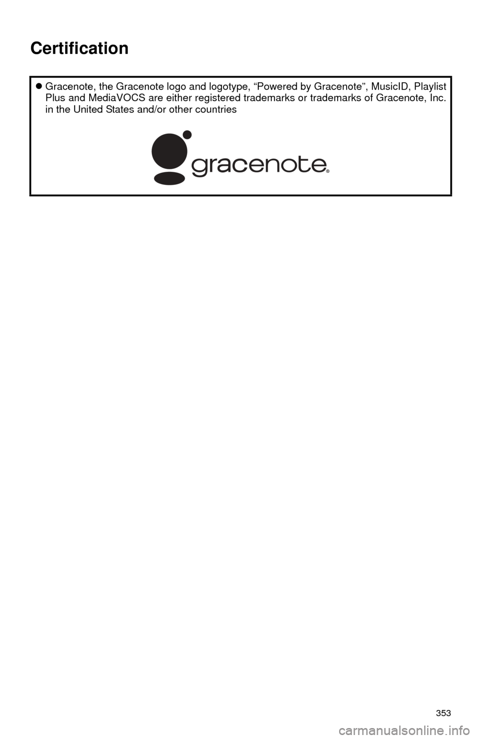 TOYOTA HIGHLANDER 2015 XU50 / 3.G Navigation Manual 353
Gracenote, the Gracenote logo and logotype, “Powered by Gracenote”, MusicID, Playlist
Plus and MediaVOCS are either registered  trademarks or trademarks of Gracenote, Inc.
in the United Sta