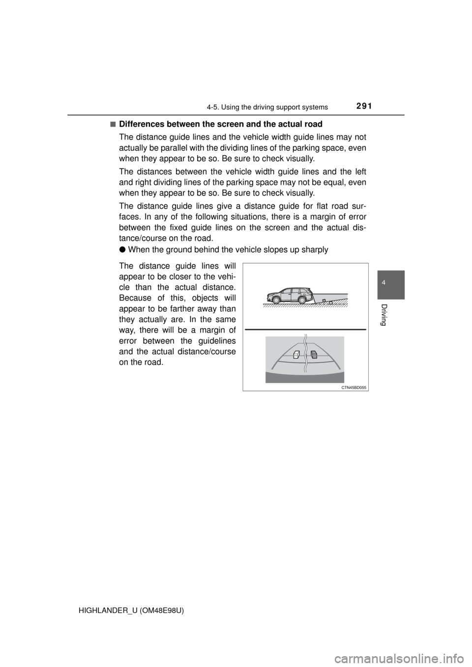 TOYOTA HIGHLANDER 2015 XU50 / 3.G Owners Manual 2914-5. Using the driving support systems
4
Driving
HIGHLANDER_U (OM48E98U)■
Differences between the screen and the actual road
The distance guide lines and the vehicle width guide lines may not
act