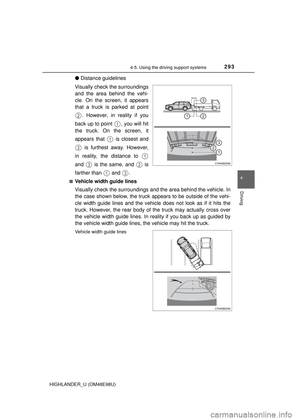 TOYOTA HIGHLANDER 2015 XU50 / 3.G Owners Manual 2934-5. Using the driving support systems
4
Driving
HIGHLANDER_U (OM48E98U)
●Distance guidelines
Visually check the surroundings
and the area behind the vehi-
cle. On the screen, it appears
that a t