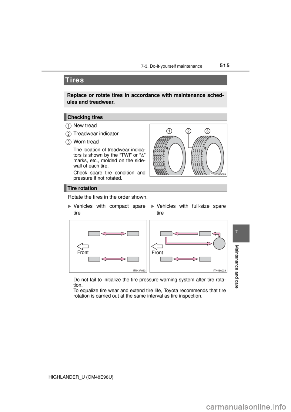 TOYOTA HIGHLANDER 2015 XU50 / 3.G Owners Manual 5157-3. Do-it-yourself maintenance
7
Maintenance and care
HIGHLANDER_U (OM48E98U)
New tread
Treadwear indicator
Worn tread
The location of treadwear indica-
tors is shown by the “TWI” or “”