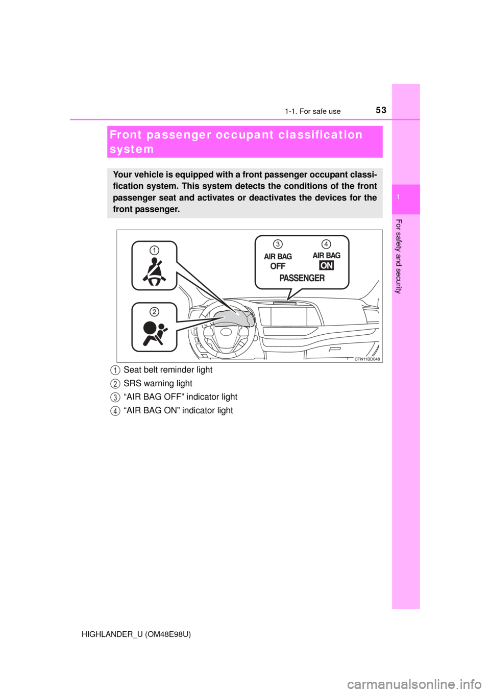 TOYOTA HIGHLANDER 2015 XU50 / 3.G Owners Manual 531-1. For safe use
1
For safety and security
HIGHLANDER_U (OM48E98U)
Front passenger occupant classification 
system
Your vehicle is equipped with a front passenger occupant classi-
fication system. 