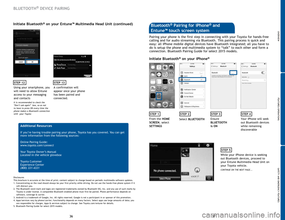 TOYOTA HIGHLANDER 2015 XU50 / 3.G Quick Reference Guide 37
36 37
36
STEP 12
BLUETOOTH® DEVICE PAIRING
Initiate Bluetooth® on your Entune™ Multimedia Head Unit (continued)
A confirmation will 
appear once your phone 
has been paired and 
connected.
STEP