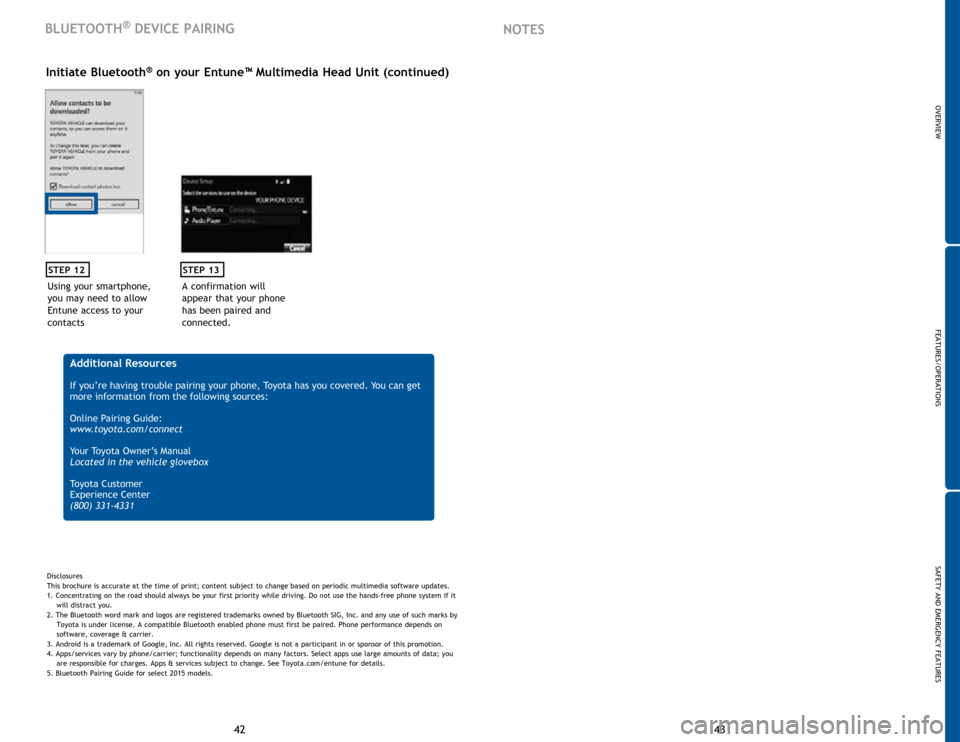 TOYOTA HIGHLANDER 2015 XU50 / 3.G Quick Reference Guide 43
42 43
42
Using your smartphone, 
you may need to allow 
Entune access to your 
contacts
STEP 12
Initiate Bluetooth® on your Entune™ Multimedia Head Unit (continued)
A confirmation will 
appear t