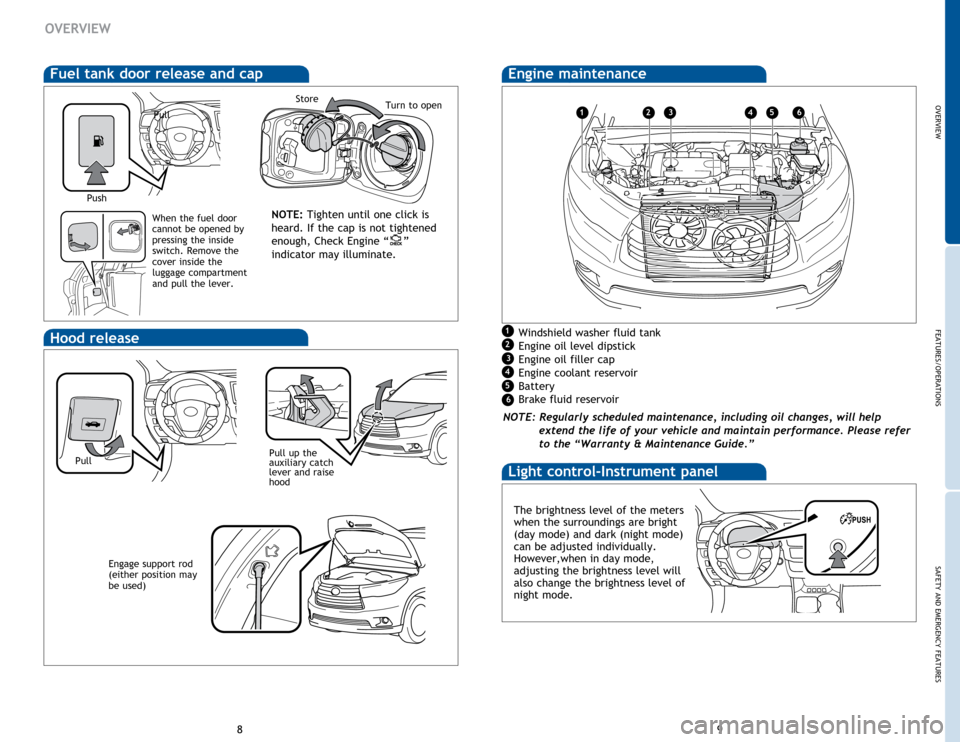 TOYOTA HIGHLANDER 2015 XU50 / 3.G Quick Reference Guide OVERVIEW
FEATURES/OPERATIONS
SAFETY AND EMERGENCY FEATURES
89
Hood release
Fuel tank door release and cap
NOTE: Tighten until one click is
heard. If the cap is not tightened
enough, Check Engine TOYOTA HIGHLANDER 2015 XU50 / 3.G Quick Reference Guide OVERVIEW
FEATURES/OPERATIONS
SAFETY AND EMERGENCY FEATURES
89
Hood release
Fuel tank door release and cap
NOTE: Tighten until one click is
heard. If the cap is not tightened
enough, Check Engine