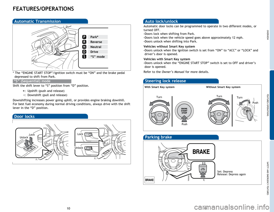 TOYOTA HIGHLANDER 2015 XU50 / 3.G Quick Reference Guide OVERVIEW
FEATURES/OPERATIONS
SAFETY AND EMERGENCY FEATURES
11
10
FEATURES/OPERATIONS
Automatic Transmission
* The “ENGINE START STOP”/ignition switch must be “ON” and the brake pedal
depresse TOYOTA HIGHLANDER 2015 XU50 / 3.G Quick Reference Guide OVERVIEW
FEATURES/OPERATIONS
SAFETY AND EMERGENCY FEATURES
11
10
FEATURES/OPERATIONS
Automatic Transmission
* The “ENGINE START STOP”/ignition switch must be “ON” and the brake pedal
depresse