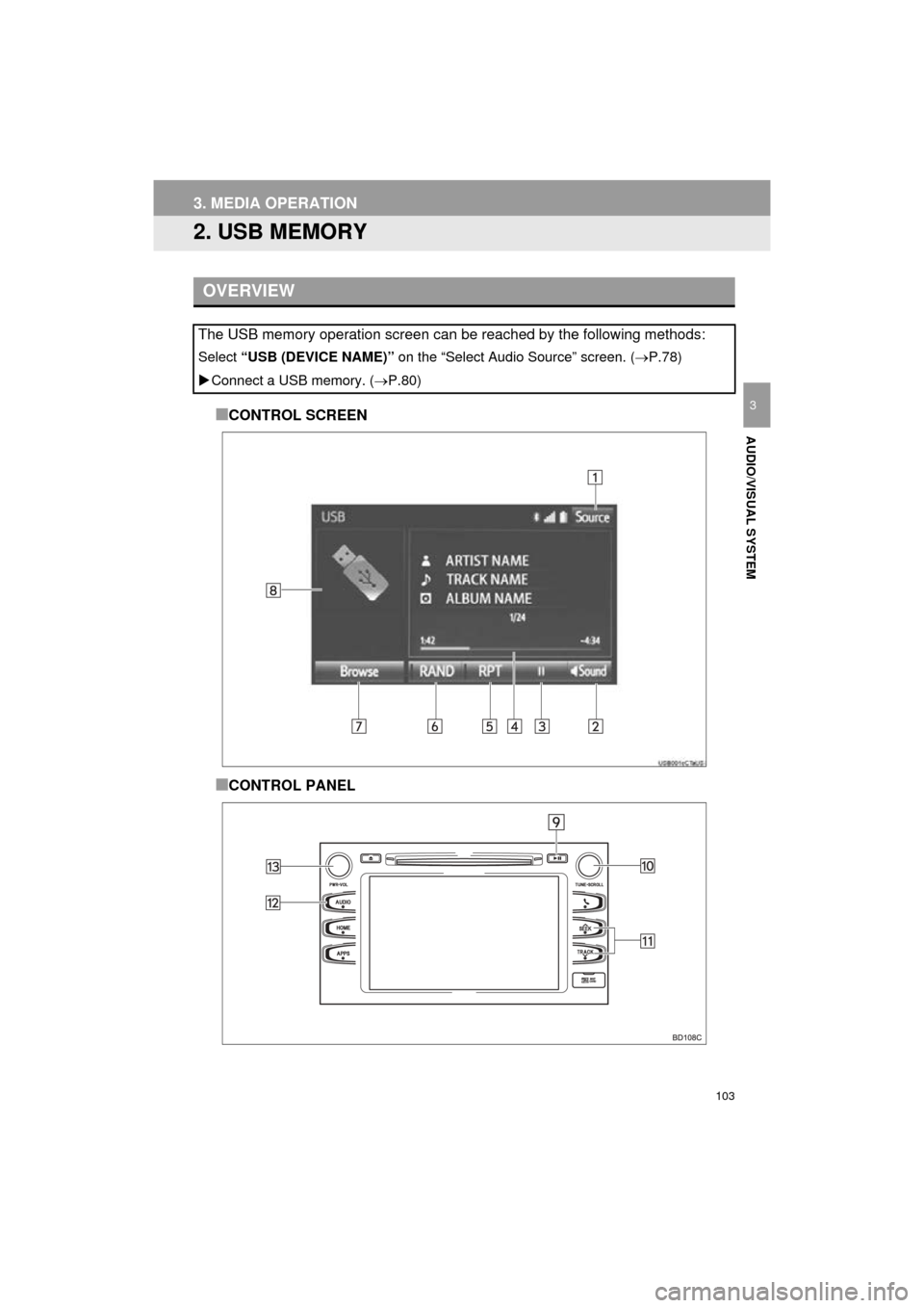 TOYOTA HIGHLANDER 2016 XU50 / 3.G Navigation Manual 103
3. MEDIA OPERATION
HIGHLANDER_Navi_U
AUDIO/VISUAL SYSTEM
3
2. USB MEMORY
■CONTROL SCREEN
■CONTROL PANEL
OVERVIEW
The USB memory operation screen can be reached by the following methods:
Select