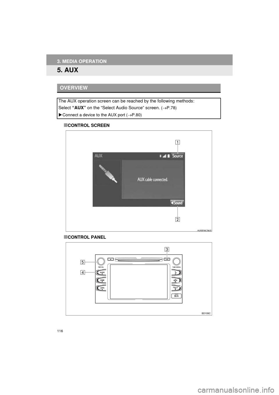 TOYOTA HIGHLANDER 2016 XU50 / 3.G Navigation Manual 116
3. MEDIA OPERATION
HIGHLANDER_Navi_U
5. AUX
■CONTROL SCREEN
■CONTROL PANEL
OVERVIEW
The AUX operation screen can be reached by the following methods:
Select “AUX” on the “Select Audio So
