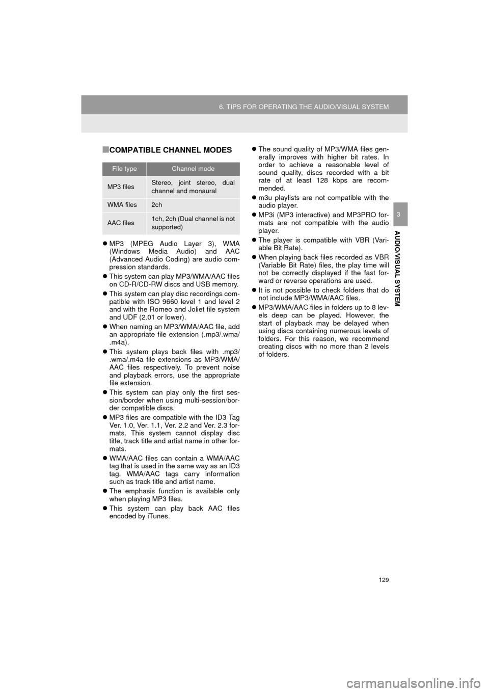TOYOTA HIGHLANDER 2016 XU50 / 3.G Navigation Manual 129
6. TIPS FOR OPERATING THE AUDIO/VISUAL SYSTEM
HIGHLANDER_Navi_U
AUDIO/VISUAL SYSTEM
3
■COMPATIBLE CHANNEL MODES
MP3 (MPEG Audio Layer 3), WMA
(Windows Media Audio) and AAC
(Advanced Audio Cod