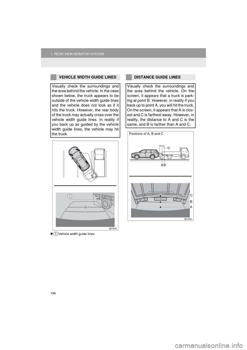 TOYOTA HIGHLANDER 2016 XU50 / 3.G Navigation Manual 196
1. REAR VIEW MONITOR SYSTEM
HIGHLANDER_Navi_U
Vehicle width guide lines
VEHICLE WIDTH GUIDE LINES
Visually check the surroundings and
the area behind the vehicle. In the case
shown below, the t TOYOTA HIGHLANDER 2016 XU50 / 3.G Navigation Manual 196
1. REAR VIEW MONITOR SYSTEM
HIGHLANDER_Navi_U
Vehicle width guide lines
VEHICLE WIDTH GUIDE LINES
Visually check the surroundings and
the area behind the vehicle. In the case
shown below, the t