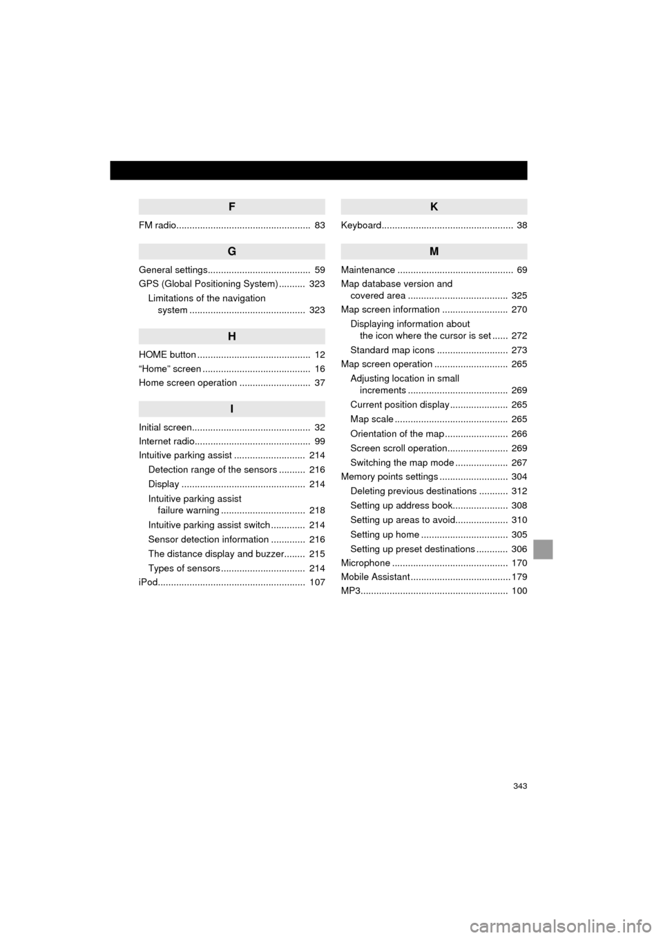 TOYOTA HIGHLANDER 2016 XU50 / 3.G Navigation Manual 343
HIGHLANDER_Navi_U
F
FM radio...................................................  83
G
General settings.......................................  59
GPS (Global Positioning System) ..........  323Lim
