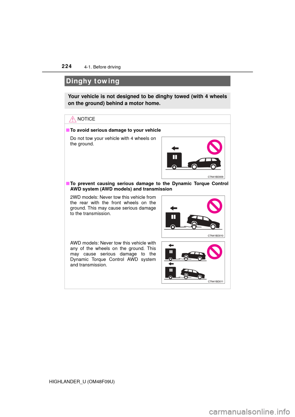 TOYOTA HIGHLANDER 2016 XU50 / 3.G Owners Manual 2244-1. Before driving
HIGHLANDER_U (OM48F09U)
Dinghy towing
Your vehicle is not designed to be dinghy towed (with 4 wheels
on the ground) behind a motor home.
NOTICE
■To avoid serious damage to yo TOYOTA HIGHLANDER 2016 XU50 / 3.G Owners Manual 2244-1. Before driving
HIGHLANDER_U (OM48F09U)
Dinghy towing
Your vehicle is not designed to be dinghy towed (with 4 wheels
on the ground) behind a motor home.
NOTICE
■To avoid serious damage to yo
