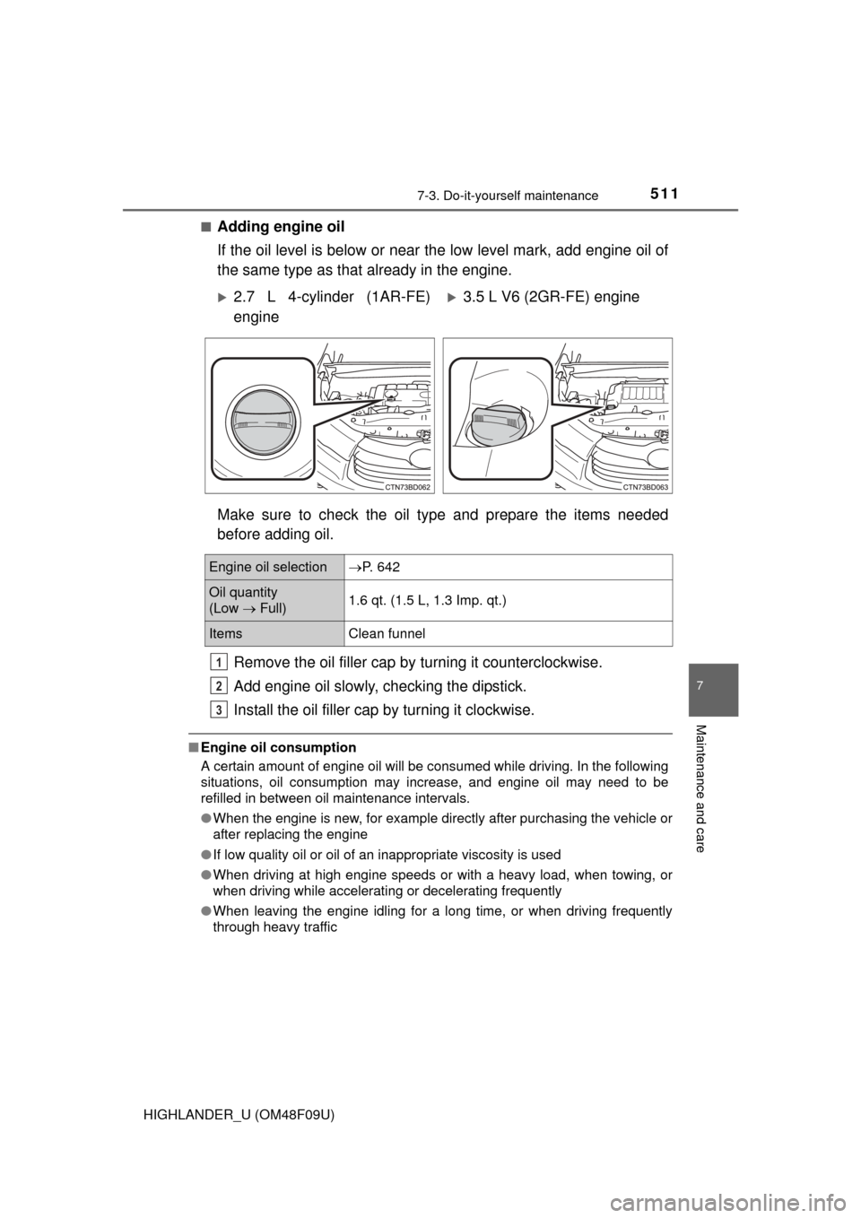 TOYOTA HIGHLANDER 2016 XU50 / 3.G Owners Manual 5117-3. Do-it-yourself maintenance
7
Maintenance and care
HIGHLANDER_U (OM48F09U)■
Adding engine oil
If the oil level is below or near the low level mark, add engine oil of
the same type as that
al TOYOTA HIGHLANDER 2016 XU50 / 3.G Owners Manual 5117-3. Do-it-yourself maintenance
7
Maintenance and care
HIGHLANDER_U (OM48F09U)■
Adding engine oil
If the oil level is below or near the low level mark, add engine oil of
the same type as that
al