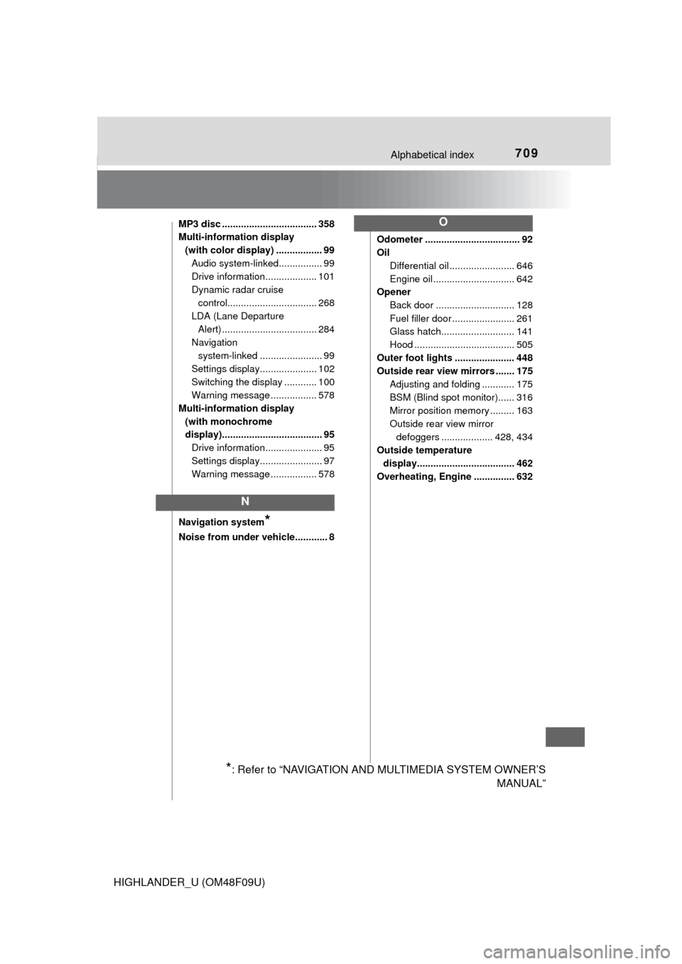 TOYOTA HIGHLANDER 2016 XU50 / 3.G Owners Manual 709Alphabetical index
HIGHLANDER_U (OM48F09U)
MP3 disc ................................... 358
Multi-information display (with color display) ................. 99Audio system-linked. ............... 9