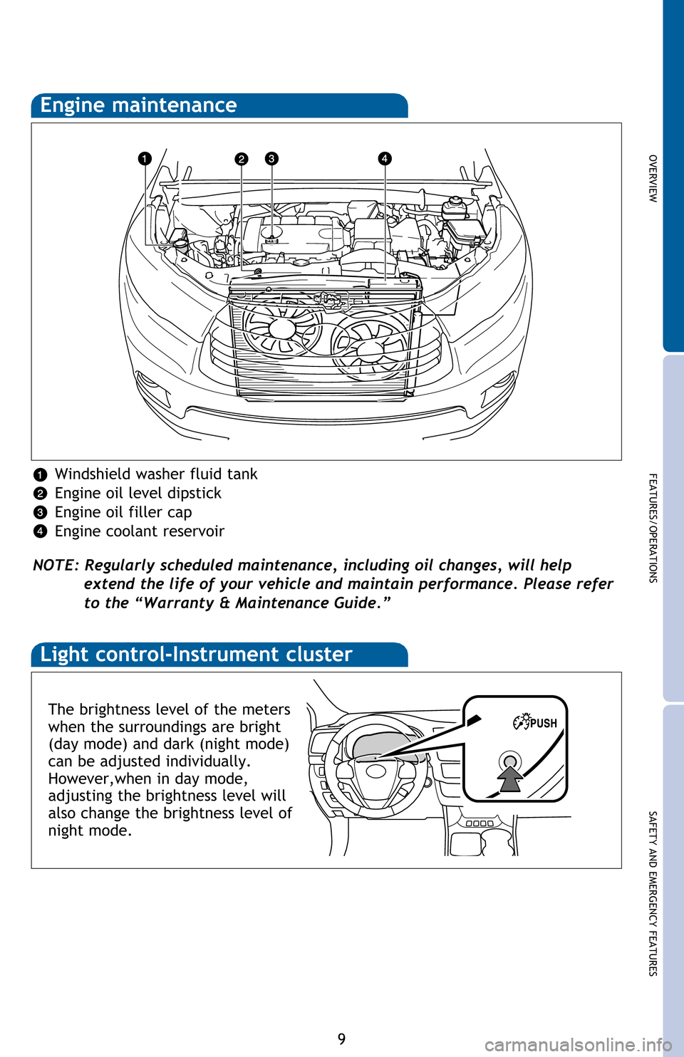 TOYOTA HIGHLANDER 2016 XU50 / 3.G Quick Reference Guide OVERVIEW
FEATURES/OPERATIONS
SAFETY AND EMERGENCY FEATURES
9 Windshield washer fluid tank
Engine oil level dipstick
Engine oil filler cap
Engine coolant reservoir
NOTE: Regularly scheduled maintenance