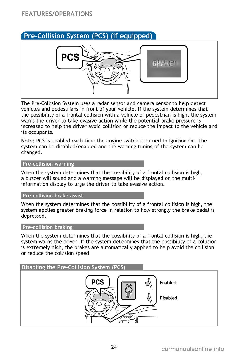 TOYOTA HIGHLANDER 2016 XU50 / 3.G Quick Reference Guide 24
 
Pre-Collision System (PCS) (if equipped)
The Pre-Collision System uses a radar sensor and camera sensor to help detect 
vehicles and pedestrians in front of your vehicle. If the system determines