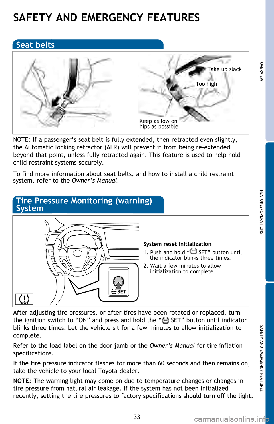 TOYOTA HIGHLANDER 2016 XU50 / 3.G Quick Reference Guide 33
OVERVIEW
FEATURES/OPERATIONS
SAFETY AND EMERGENCY FEATURES
SAFETY AND EMERGENCY FEATURES
Keep as low on 
hips as possible
Take up slack
Too high
Seat belts
System reset initialization
1. Push and h