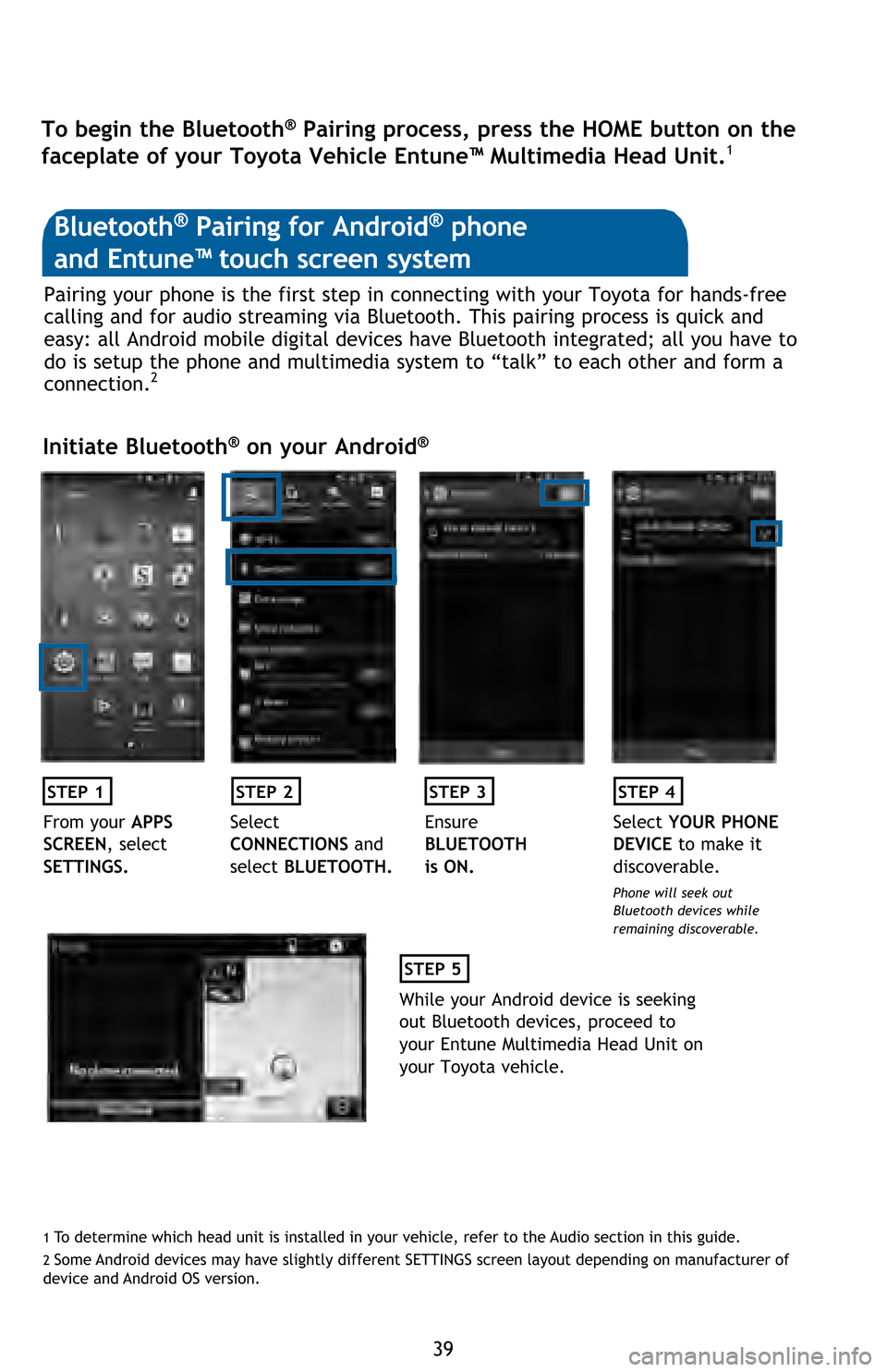 TOYOTA HIGHLANDER 2016 XU50 / 3.G Quick Reference Guide 39 Pairing your phone is the first step in connecting with your Toyota for hands-free
calling and for audio streaming via Bluetooth. This pairing process is quick and
easy: all Android mobile digita TOYOTA HIGHLANDER 2016 XU50 / 3.G Quick Reference Guide 39 Pairing your phone is the first step in connecting with your Toyota for hands-free
calling and for audio streaming via Bluetooth. This pairing process is quick and
easy: all Android mobile digita