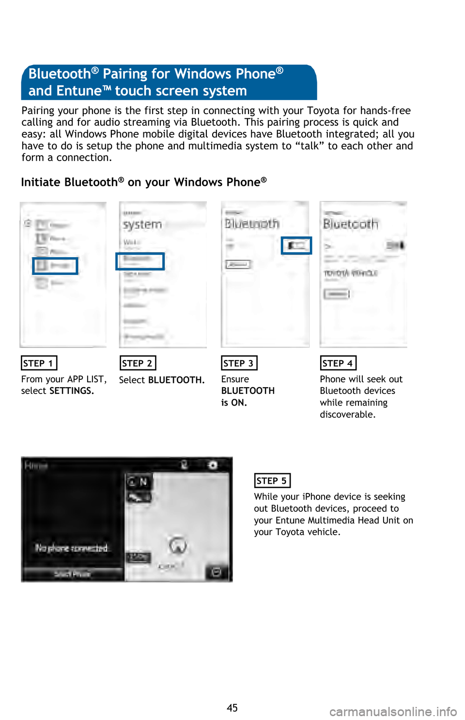 TOYOTA HIGHLANDER 2016 XU50 / 3.G Quick Reference Guide 45 Pairing your phone is the first step in connecting with your Toyota for hands-free
calling and for audio streaming via Bluetooth. This pairing process is quick and
easy: all Windows Phone mobile TOYOTA HIGHLANDER 2016 XU50 / 3.G Quick Reference Guide 45 Pairing your phone is the first step in connecting with your Toyota for hands-free
calling and for audio streaming via Bluetooth. This pairing process is quick and
easy: all Windows Phone mobile