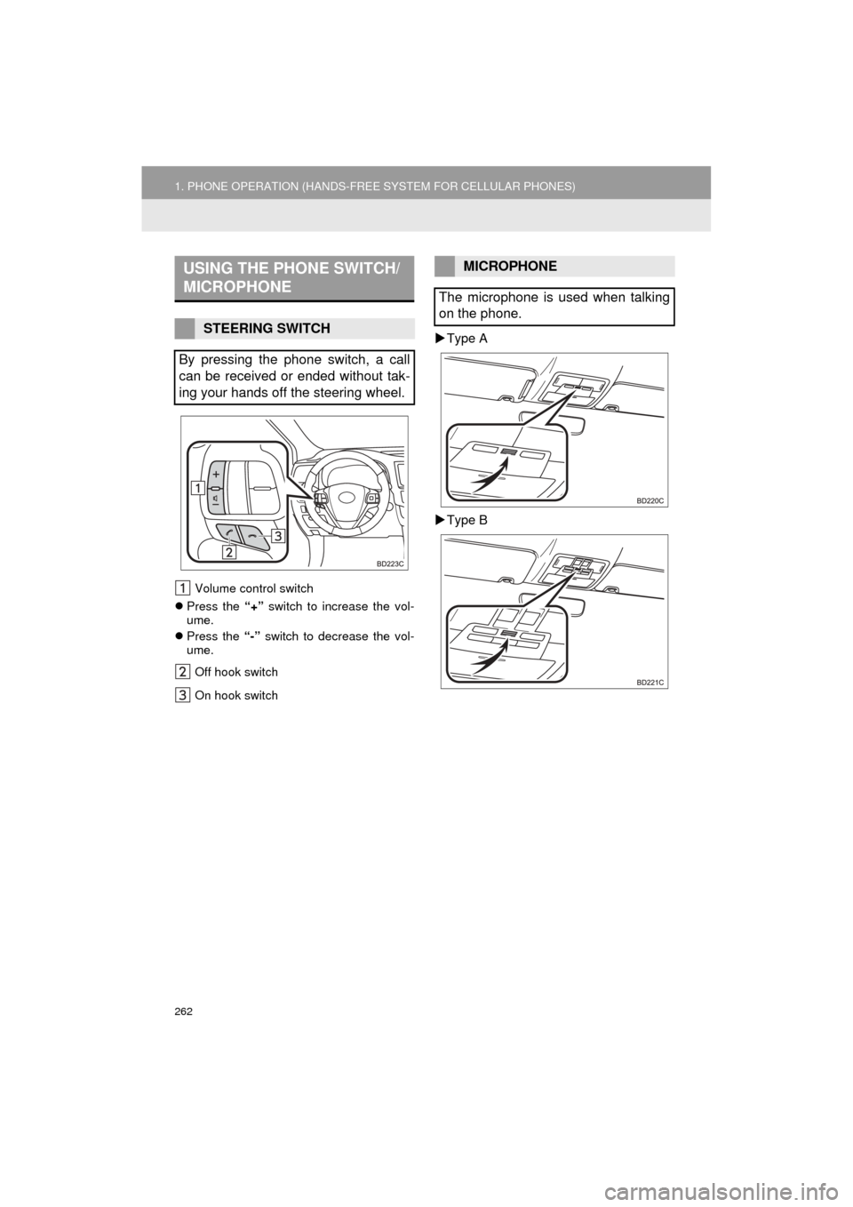 TOYOTA HIGHLANDER 2017 XU50 / 3.G Navigation Manual 262
1. PHONE OPERATION (HANDS-FREE SYSTEM FOR CELLULAR PHONES)
HIGHLANDER_Navi_U
Volume control switch
Press the “+” switch to increase the vol-
ume.
Press the “-” switch to decrease TOYOTA HIGHLANDER 2017 XU50 / 3.G Navigation Manual 262
1. PHONE OPERATION (HANDS-FREE SYSTEM FOR CELLULAR PHONES)
HIGHLANDER_Navi_U
Volume control switch
Press the “+” switch to increase the vol-
ume.
Press the “-” switch to decrease