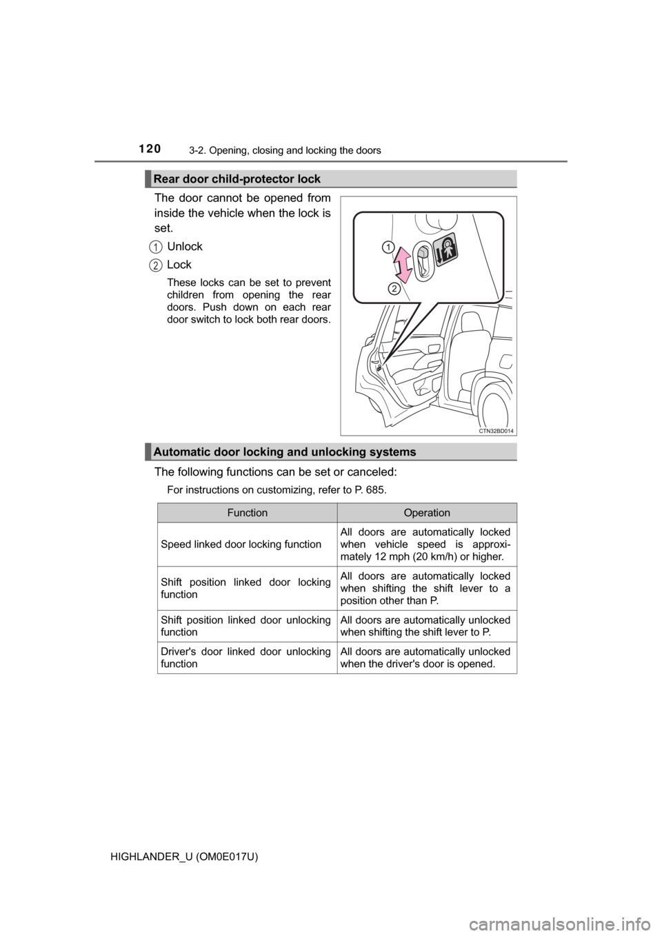 TOYOTA HIGHLANDER 2017 XU50 / 3.G User Guide 1203-2. Opening, closing and locking the doors
HIGHLANDER_U (OM0E017U)
The door cannot be opened from
inside the vehicle when the lock is
set.Unlock
Lock
These locks can be set to prevent
children fro