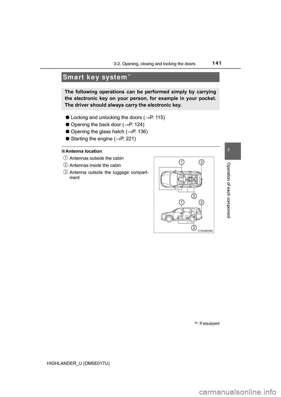 TOYOTA HIGHLANDER 2017 XU50 / 3.G Owners Manual 1413-2. Opening, closing and locking the doors
3
Operation of each component
HIGHLANDER_U (OM0E017U)
●Locking and unlocking the doors ( →P. 115)
● Opening the back door ( →P. 124)
● Opening TOYOTA HIGHLANDER 2017 XU50 / 3.G Owners Manual 1413-2. Opening, closing and locking the doors
3
Operation of each component
HIGHLANDER_U (OM0E017U)
●Locking and unlocking the doors ( →P. 115)
● Opening the back door ( →P. 124)
● Opening