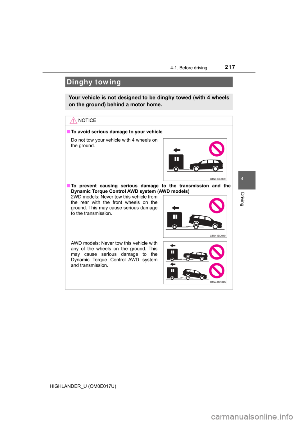 TOYOTA HIGHLANDER 2017 XU50 / 3.G Owners Manual 2174-1. Before driving
4
Driving
HIGHLANDER_U (OM0E017U)
Dinghy towing
Your vehicle is not designed to be dinghy towed (with 4 wheels
on the ground) behind a motor home.
NOTICE
■To avoid serious da TOYOTA HIGHLANDER 2017 XU50 / 3.G Owners Manual 2174-1. Before driving
4
Driving
HIGHLANDER_U (OM0E017U)
Dinghy towing
Your vehicle is not designed to be dinghy towed (with 4 wheels
on the ground) behind a motor home.
NOTICE
■To avoid serious da