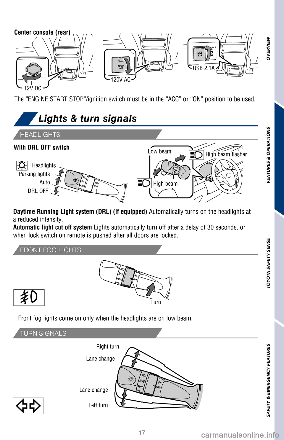 TOYOTA HIGHLANDER 2017 XU50 / 3.G Quick Reference Guide OVERVIEW
FEATURES & OPERATIONS
TOYOTA SAFETY SENSE
SAFETY & EMERGENCY FEATURES
17
The “ENGINE START STOP”/ignition switch must be in the “ACC”\
or “ON” position to be used.
2 Rain-sensin TOYOTA HIGHLANDER 2017 XU50 / 3.G Quick Reference Guide OVERVIEW
FEATURES & OPERATIONS
TOYOTA SAFETY SENSE
SAFETY & EMERGENCY FEATURES
17
The “ENGINE START STOP”/ignition switch must be in the “ACC”\
or “ON” position to be used.
2 Rain-sensin