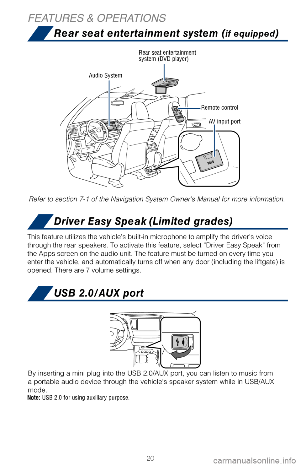 TOYOTA HIGHLANDER 2017 XU50 / 3.G Quick Reference Guide 20
Refer to section 7-1 of the Navigation System Owner’s Manual for more\
information.
Note: USB 2.0 for using auxiliary purpose.
This feature utilizes the vehicle’s built-in microphone to amplif TOYOTA HIGHLANDER 2017 XU50 / 3.G Quick Reference Guide 20
Refer to section 7-1 of the Navigation System Owner’s Manual for more\
information.
Note: USB 2.0 for using auxiliary purpose.
This feature utilizes the vehicle’s built-in microphone to amplif