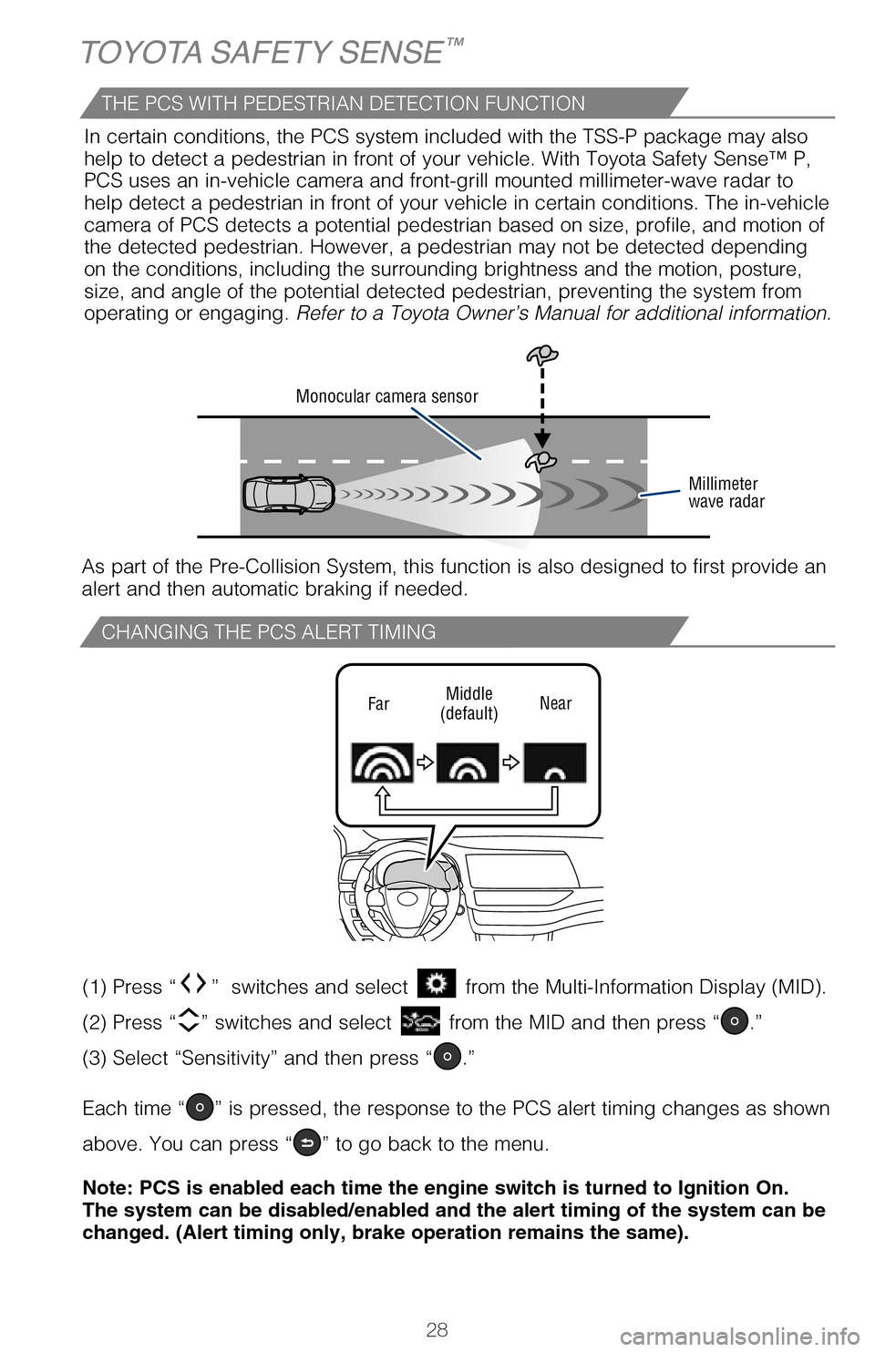 TOYOTA HIGHLANDER 2017 XU50 / 3.G Quick Reference Guide 28
CHANGING THE PCS ALERT TIMING
TOYOTA SAFETY SENSE™
FarMiddle
(default) Near
(1) Press “” switches and select from the Multi-Information Display (MID).
(2) Press “
” switches and selec TOYOTA HIGHLANDER 2017 XU50 / 3.G Quick Reference Guide 28
CHANGING THE PCS ALERT TIMING
TOYOTA SAFETY SENSE™
FarMiddle
(default) Near
(1) Press “” switches and select from the Multi-Information Display (MID).
(2) Press “
” switches and selec