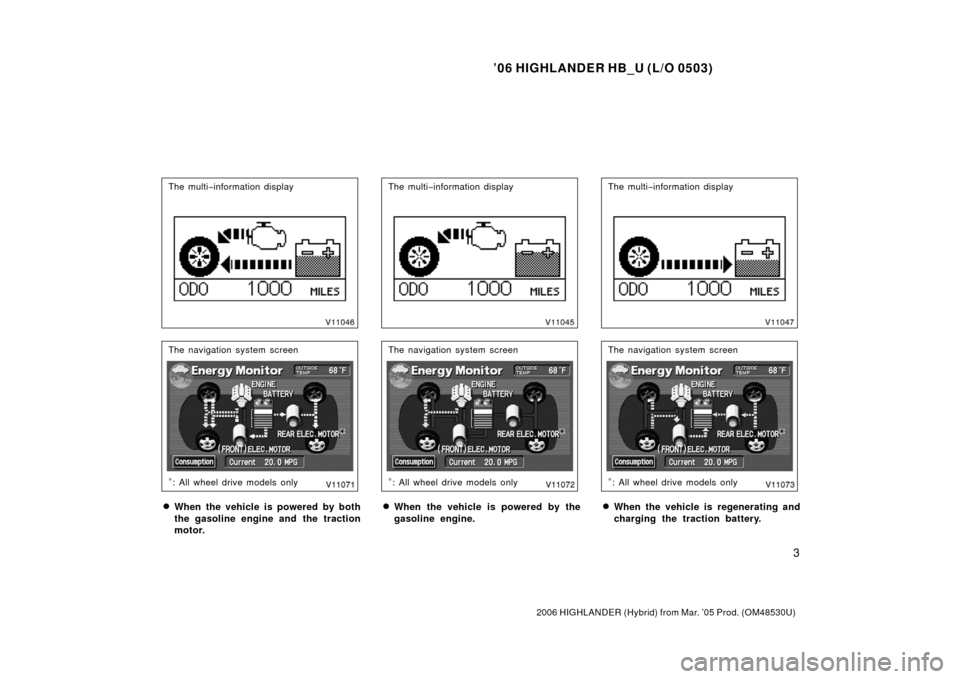 TOYOTA HIGHLANDER HYBRID 2006 XU40 / 2.G Owners Manual ’06 HIGHLANDER HB_U (L/O 0503)
3
2006 HIGHLANDER (Hybrid) from Mar. ’05 Prod. (OM48530U)
The multi−information display
The navigation system screen
∗: All wheel drive models only
When the veh