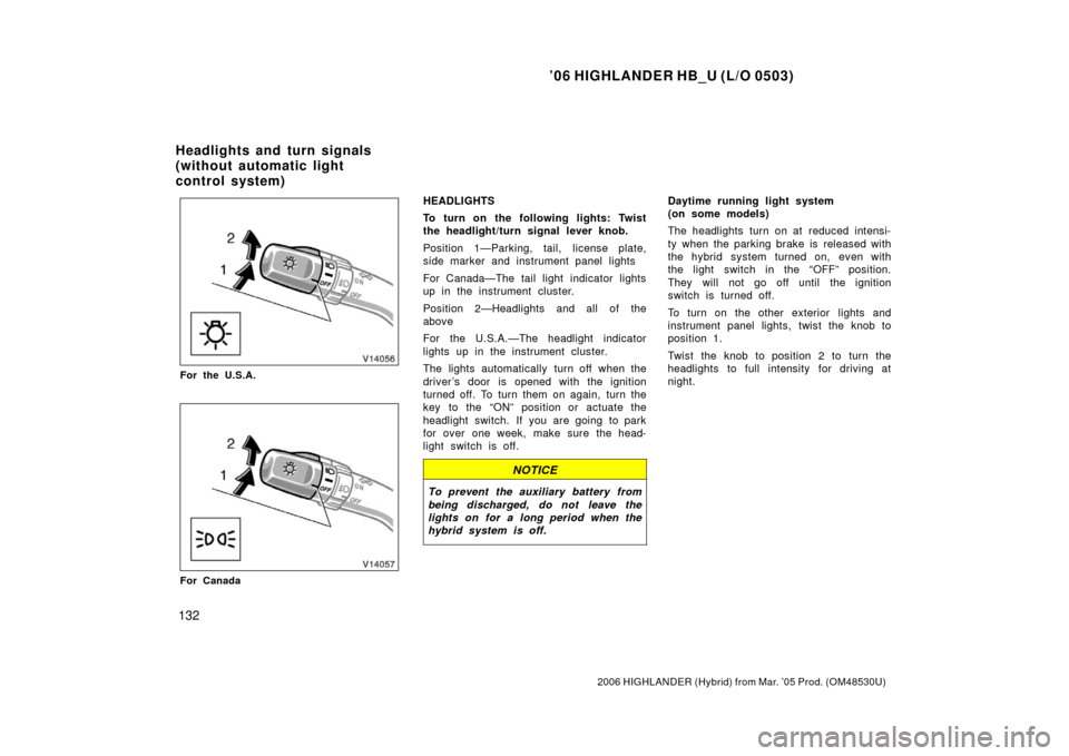 TOYOTA HIGHLANDER HYBRID 2006 XU40 / 2.G Owners Manual ’06 HIGHLANDER HB_U (L/O 0503)
132
2006 HIGHLANDER (Hybrid) from Mar. ’05 Prod. (OM48530U)
For the U.S.A.
For Canada
HEADLIGHTS
To turn on the following lights: Twist
the headlight/turn signal lev TOYOTA HIGHLANDER HYBRID 2006 XU40 / 2.G Owners Manual ’06 HIGHLANDER HB_U (L/O 0503)
132
2006 HIGHLANDER (Hybrid) from Mar. ’05 Prod. (OM48530U)
For the U.S.A.
For Canada
HEADLIGHTS
To turn on the following lights: Twist
the headlight/turn signal lev