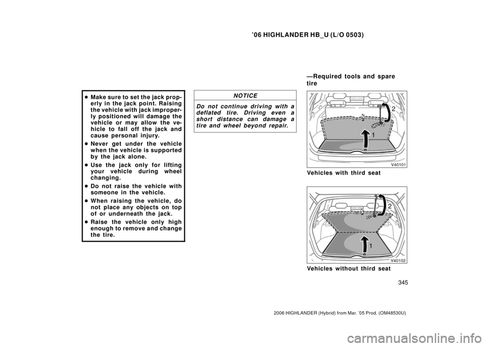 TOYOTA HIGHLANDER HYBRID 2006 XU40 / 2.G Owners Manual ’06 HIGHLANDER HB_U (L/O 0503)
345
2006 HIGHLANDER (Hybrid) from Mar. ’05 Prod. (OM48530U)
Make sure to set the jack prop-
erly in the jack point. Raising
the vehicle with jack improper-
ly posit