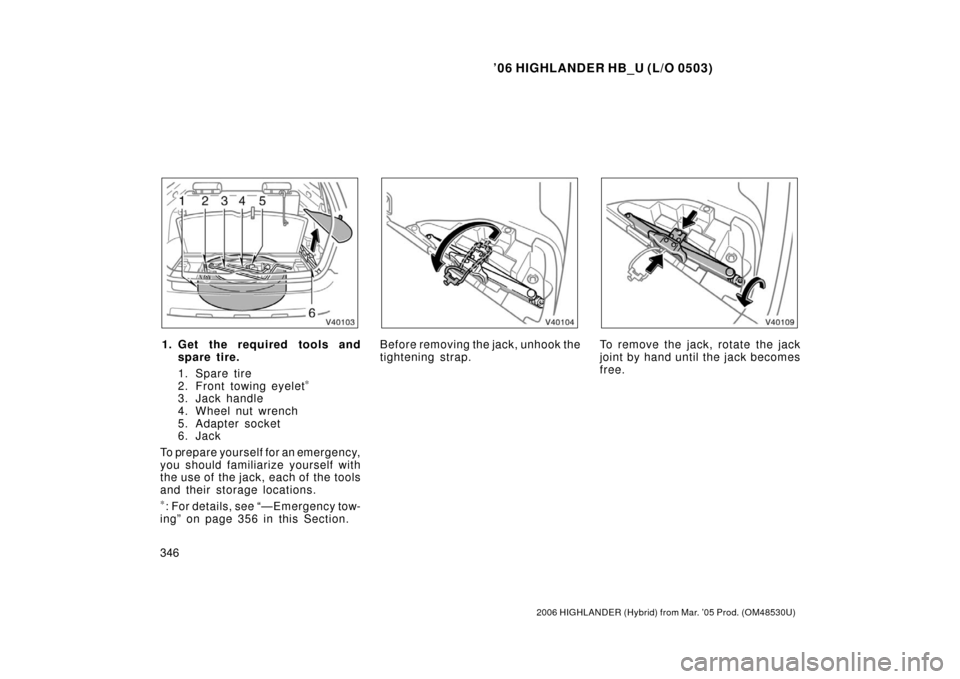TOYOTA HIGHLANDER HYBRID 2006 XU40 / 2.G Owners Manual ’06 HIGHLANDER HB_U (L/O 0503)
346
2006 HIGHLANDER (Hybrid) from Mar. ’05 Prod. (OM48530U)
1. Get the required tools and
spare tire.
1. Spare tire
2. Front towing eyelet
∗
3. Jack handle
4. Whee TOYOTA HIGHLANDER HYBRID 2006 XU40 / 2.G Owners Manual ’06 HIGHLANDER HB_U (L/O 0503)
346
2006 HIGHLANDER (Hybrid) from Mar. ’05 Prod. (OM48530U)
1. Get the required tools and
spare tire.
1. Spare tire
2. Front towing eyelet
∗
3. Jack handle
4. Whee