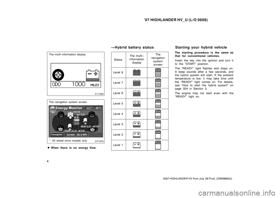 TOYOTA HIGHLANDER HYBRID 2007 XU40 / 2.G User Guide ’07 HIGHLANDER HV_U (L/O 0608)
4
2007 HIGHLANDER HV from July ’06 Prod. (OM48685U)
The multi−information display
The navigation system screen
∗: All wheel drive models only
When there is no e