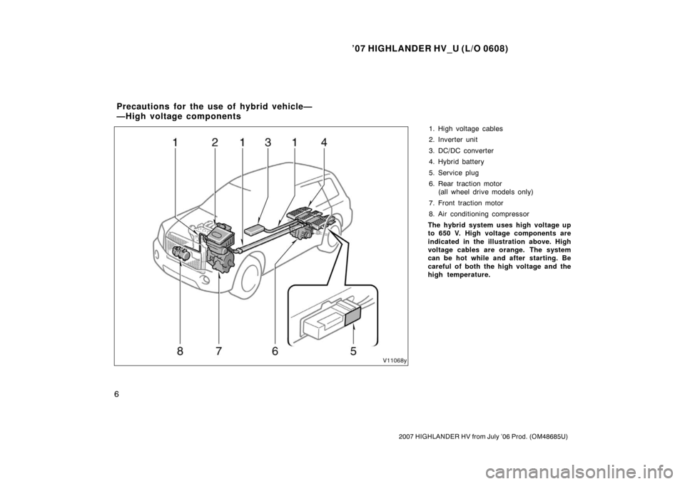 TOYOTA HIGHLANDER HYBRID 2007 XU40 / 2.G Owners Manual ’07 HIGHLANDER HV_U (L/O 0608)
6
2007 HIGHLANDER HV from July ’06 Prod. (OM48685U)
1. High voltage cables
2. Inverter unit
3. DC/DC converter
4. Hybrid battery
5. Service plug
6. Rear traction mot