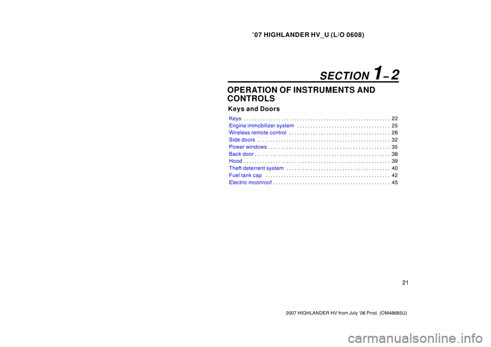 TOYOTA HIGHLANDER HYBRID 2007 XU40 / 2.G Owners Manual TOYOTA HIGHLANDER HYBRID 2007 XU40 / 2.G Owners Manual, Page 33