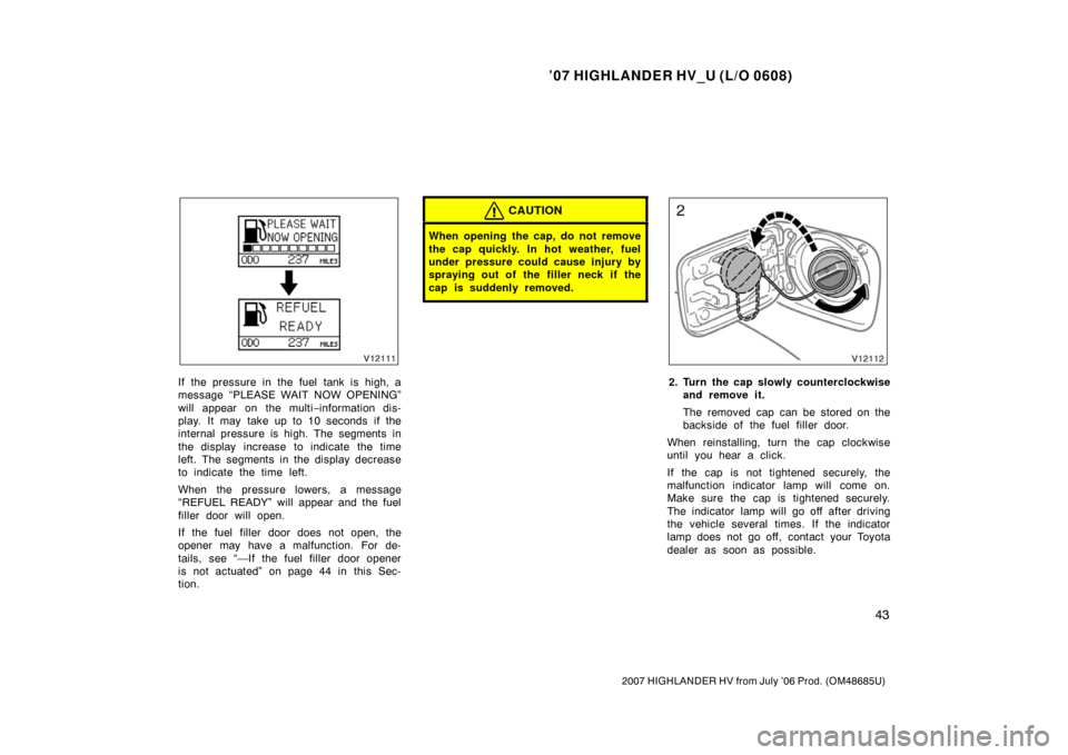 TOYOTA HIGHLANDER HYBRID 2007 XU40 / 2.G Owners Manual TOYOTA HIGHLANDER HYBRID 2007 XU40 / 2.G Owners Manual, Page 55